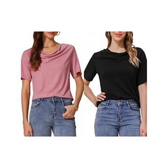 2 Packs Women's Cowl Neck Top Short Sleeve Casual Stretchy Blouse Shirts