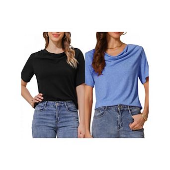 2 Packs Women's Cowl Neck Top Short Sleeve Casual Stretchy Blouse Shirts