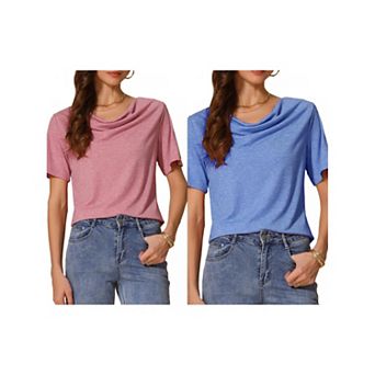 2 Packs Women's Cowl Neck Top Short Sleeve Casual Stretchy Blouse Shirts