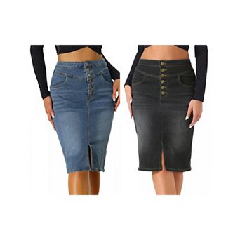 2 Packs Women's Casual Jean Skirt High Waist Front Slit Stretch A-Line Denim Skirts