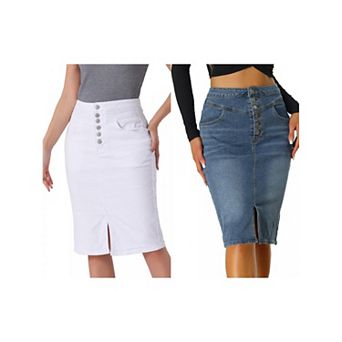 2 Packs Women's Casual Jean Skirt High Waist Front Slit Stretch A-Line Denim Skirts