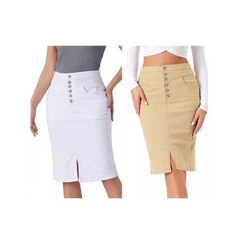 2 Packs Women's Casual Jean Skirt High Waist Front Slit Stretch A-Line Denim Skirts