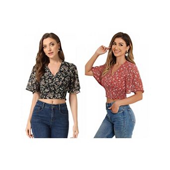 2 Packs Women's Floral Flare Short Sleeve V Neck Smocked Crop Tops