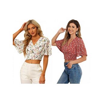 2 Packs Women's Floral Flare Short Sleeve V Neck Smocked Crop Tops