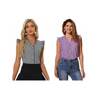 2 Packs Ruffle Shirt for Women V-Neck Cap Sleeve Plaid Gingham Blouse