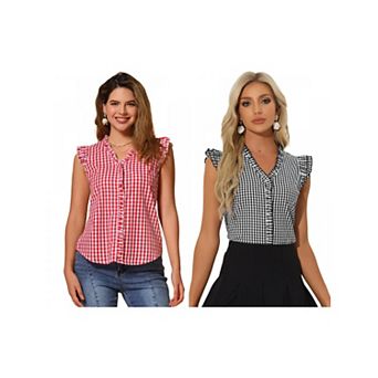 2 Packs Ruffle Shirt for Women V-Neck Cap Sleeve Plaid Gingham Blouse
