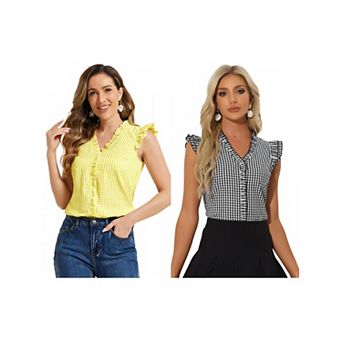 2 Packs Ruffle Shirt for Women V-Neck Cap Sleeve Plaid Gingham Blouse