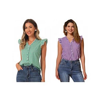 2 Packs Ruffle Shirt for Women V-Neck Cap Sleeve Plaid Gingham Blouse