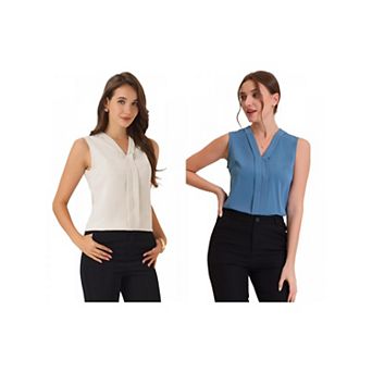2 Packs Women's Sleeveless Pleated Front V Neck Work Office Blouses