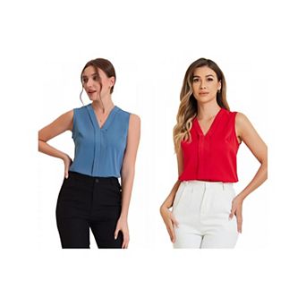 2 Packs Women's Sleeveless Pleated Front V Neck Work Office Blouses