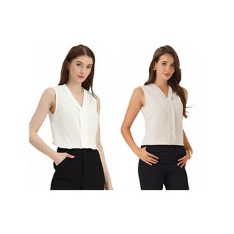 2 Packs Women's Sleeveless Pleated Front V Neck Work Office Blouses