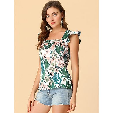 2 Packs Women's Tropical Printed Square Neck Ruffle Tank Top