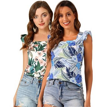 2 Packs Women's Tropical Printed Square Neck Ruffle Tank Top