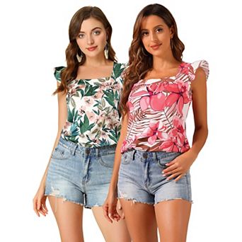 2 Packs Women's Tropical Printed Square Neck Ruffle Tank Top