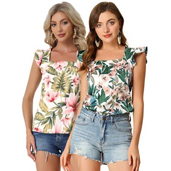 2 Packs Women's Tropical Printed Square Neck Ruffle Tank Top