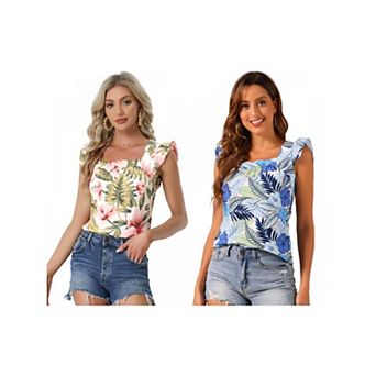 2 Packs Women's Tropical Printed Square Neck Ruffle Tank Top