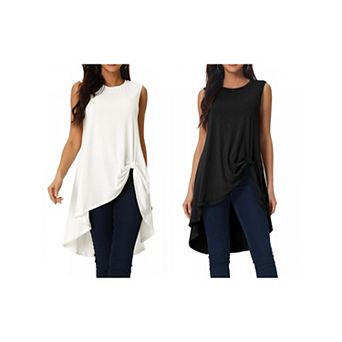 2 Packs Women's High Low Hem Sleeveless Tunic Top Crewneck Dressy Casual Shirts