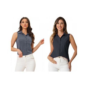 2 Packs Denim Button Down Shirt for Women's Sleeveless Lapel V Neck Chambray Tunic Top