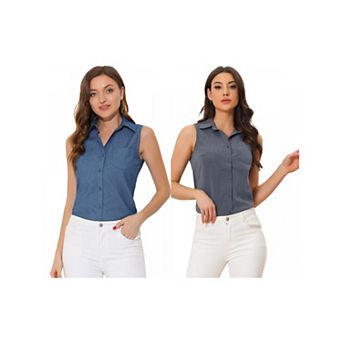 2 Packs Denim Button Down Shirt for Women's Sleeveless Lapel V Neck Chambray Tunic Top