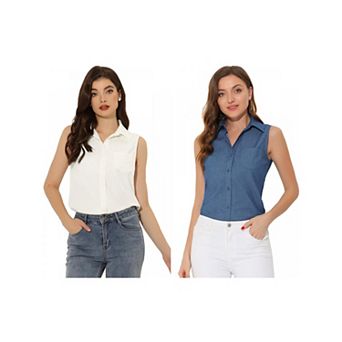 2 Packs Denim Button Down Shirt for Women's Sleeveless Lapel V Neck Chambray Tunic Top