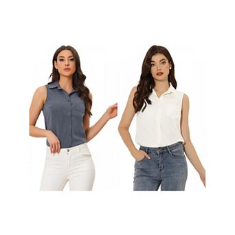 2 Packs Denim Button Down Shirt for Women's Sleeveless Lapel V Neck Chambray Tunic Top