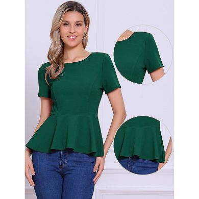 2 Packs Women's Short Sleeve Round Neck Stretch Business Classic Peplum Blouse Top