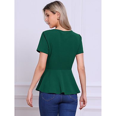 2 Packs Women's Short Sleeve Round Neck Stretch Business Classic Peplum Blouse Top