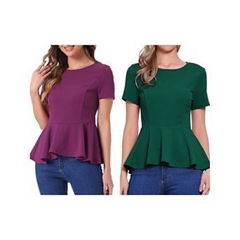 2 Packs Women's Short Sleeve Round Neck Stretch Business Classic Peplum Blouse Top