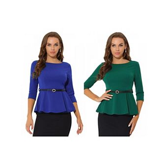 2 Packs Peplum Top for Women's 3/4 Sleeve Belted Elegant Business Work Blouse