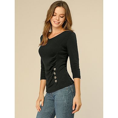 2 Packs Women's Decorative Button V Neck 3/4 Sleeve Solid Blouse Knit Ruched Top