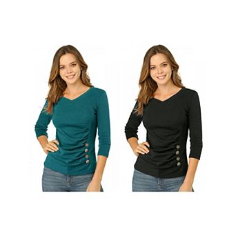 2 Packs Women's Decorative Button V Neck 3/4 Sleeve Solid Blouse Knit Ruched Top