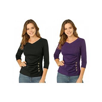 2 Packs Women's Decorative Button V Neck 3/4 Sleeve Solid Blouse Knit Ruched Top