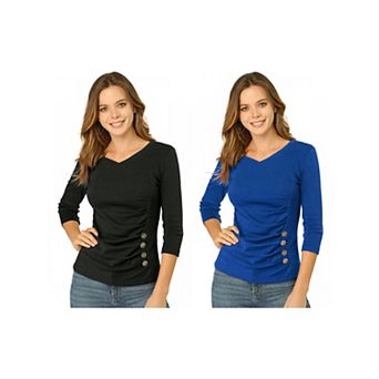 2 Packs Women's Decorative Button V Neck 3/4 Sleeve Solid Blouse Knit Ruched Top