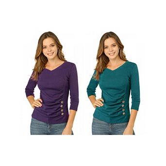 2 Packs Women's Decorative Button V Neck 3/4 Sleeve Solid Blouse Knit Ruched Top