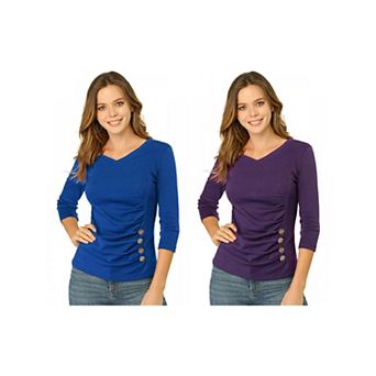 2 Packs Women's Decorative Button V Neck 3/4 Sleeve Solid Blouse Knit Ruched Top