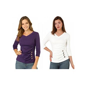 2 Packs Women's Decorative Button V Neck 3/4 Sleeve Solid Blouse Knit Ruched Top