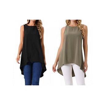 2 Packs Women's Casual High Low Blouse Sleeveless Crewneck Asymmetrical Hem Flowy Tops