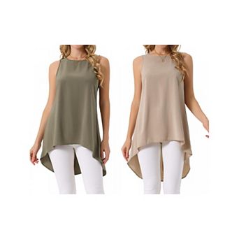 2 Packs Women's Casual High Low Blouse Sleeveless Crewneck Asymmetrical Hem Flowy Tops