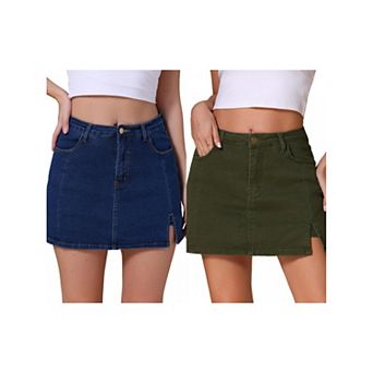 2 Packs Women's Jean Skort High Waisted A-Line Stretch Side Slit Mini Denim Skirts