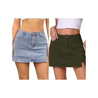 2 Packs Women's Jean Skort High Waisted A-Line Stretch Side Slit Mini Denim Skirts