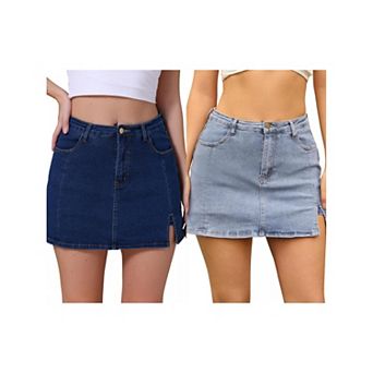 2 Packs Women's Jean Skort High Waisted A-Line Stretch Side Slit Mini Denim Skirts