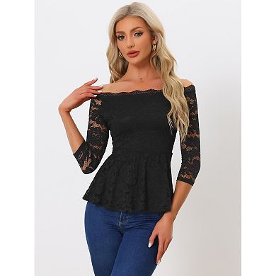 2 Packs Elegant Lace Blouse for Women's Semi Sheer 3/4 Sleeve Off Shoulder Peplum Top
