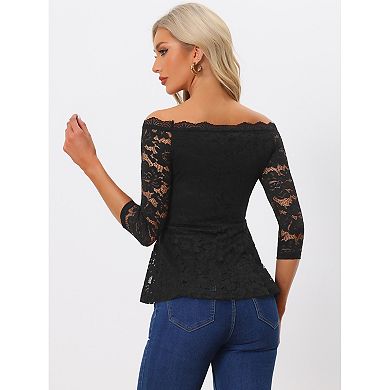 2 Packs Elegant Lace Blouse for Women's Semi Sheer 3/4 Sleeve Off Shoulder Peplum Top