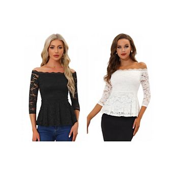 2 Packs Elegant Lace Blouse for Women's Semi Sheer 3/4 Sleeve Off Shoulder Peplum Top