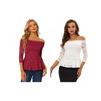 2 Packs Elegant Lace Blouse for Women's Semi Sheer 3/4 Sleeve Off Shoulder Peplum Top
