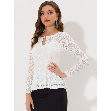2 Packs Women's Lace Tops Keyhole Front Peplum Hem Sheer Long Sleeve Blouse