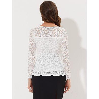 2 Packs Women's Lace Tops Keyhole Front Peplum Hem Sheer Long Sleeve Blouse