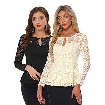 2 Packs Women's Lace Tops Keyhole Front Peplum Hem Sheer Long Sleeve Blouse