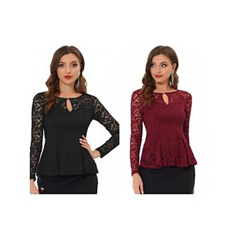 2 Packs Women's Lace Tops Keyhole Front Peplum Hem Sheer Long Sleeve Blouse