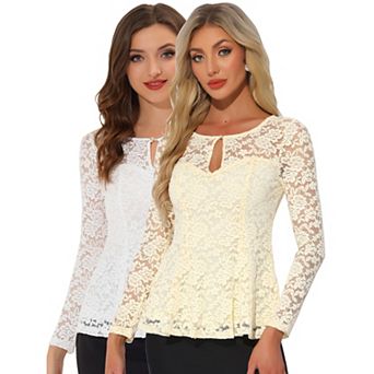 2 Packs Women's Lace Tops Keyhole Front Peplum Hem Sheer Long Sleeve Blouse